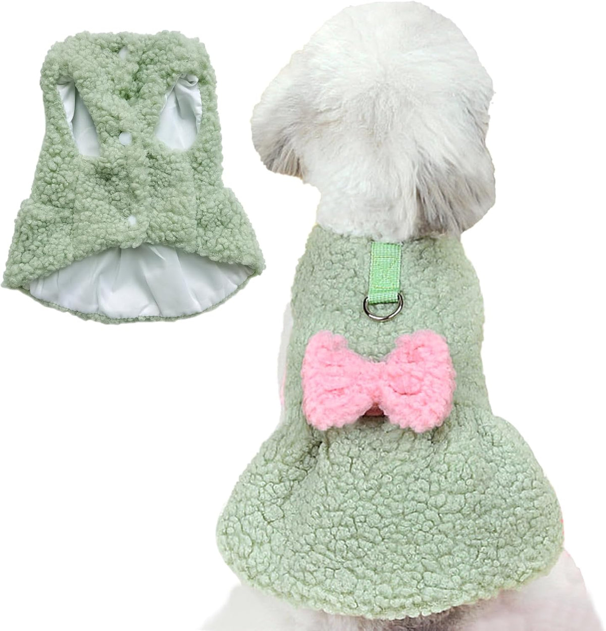 Winter Dog Dress with Bow & Leash Ring, Warm Puppy Clothes for Small Dogs