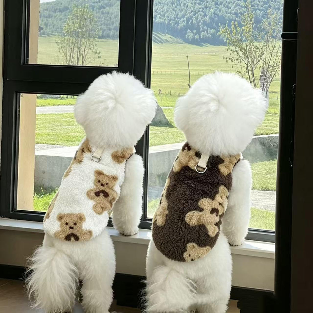 Cute Plush-Lined Pet Vest, Plush Bear Print Dog Vest (White,L)
