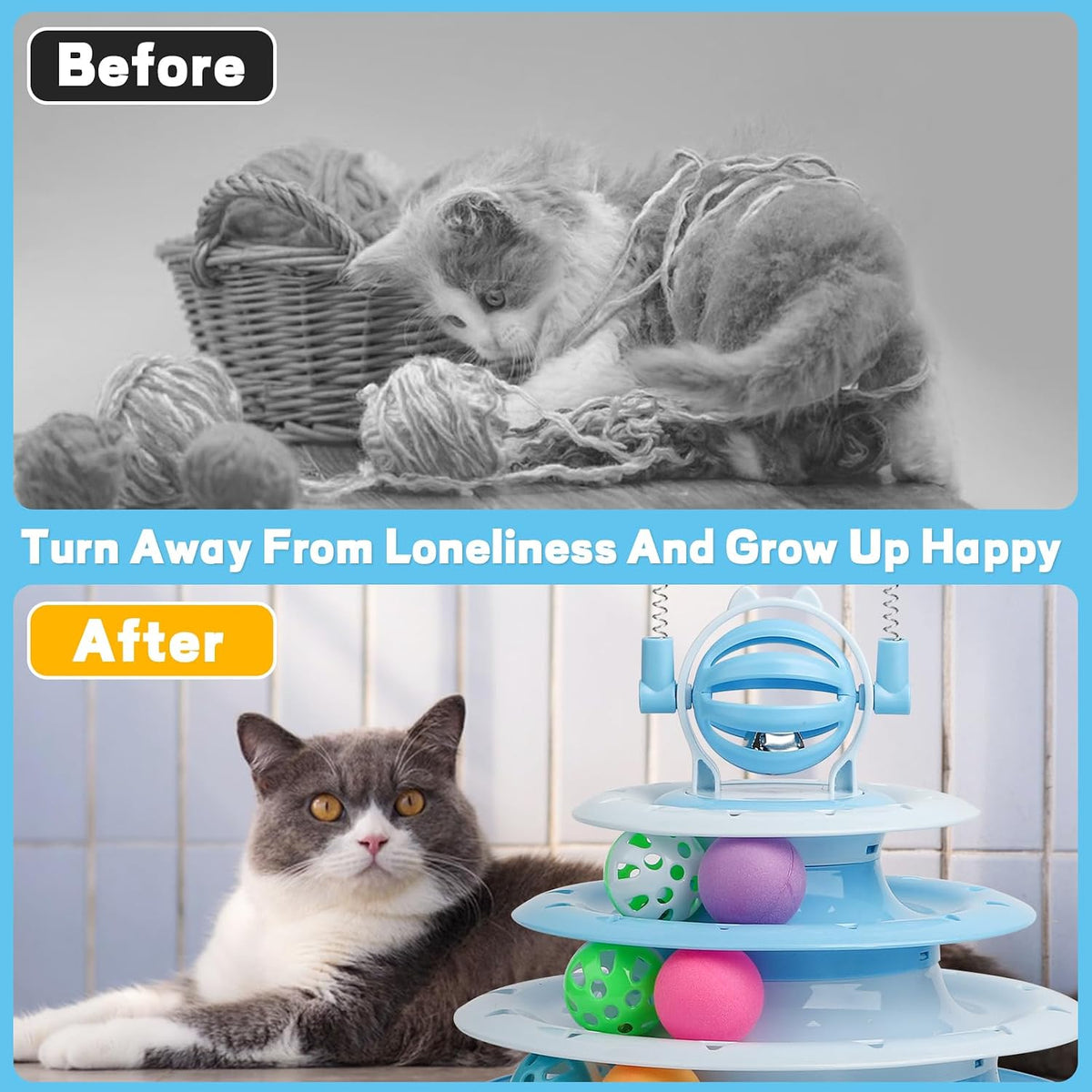 Interactive Cat Toys Kitten Puzzle Ball with 2 Cat Teasers (Blue)