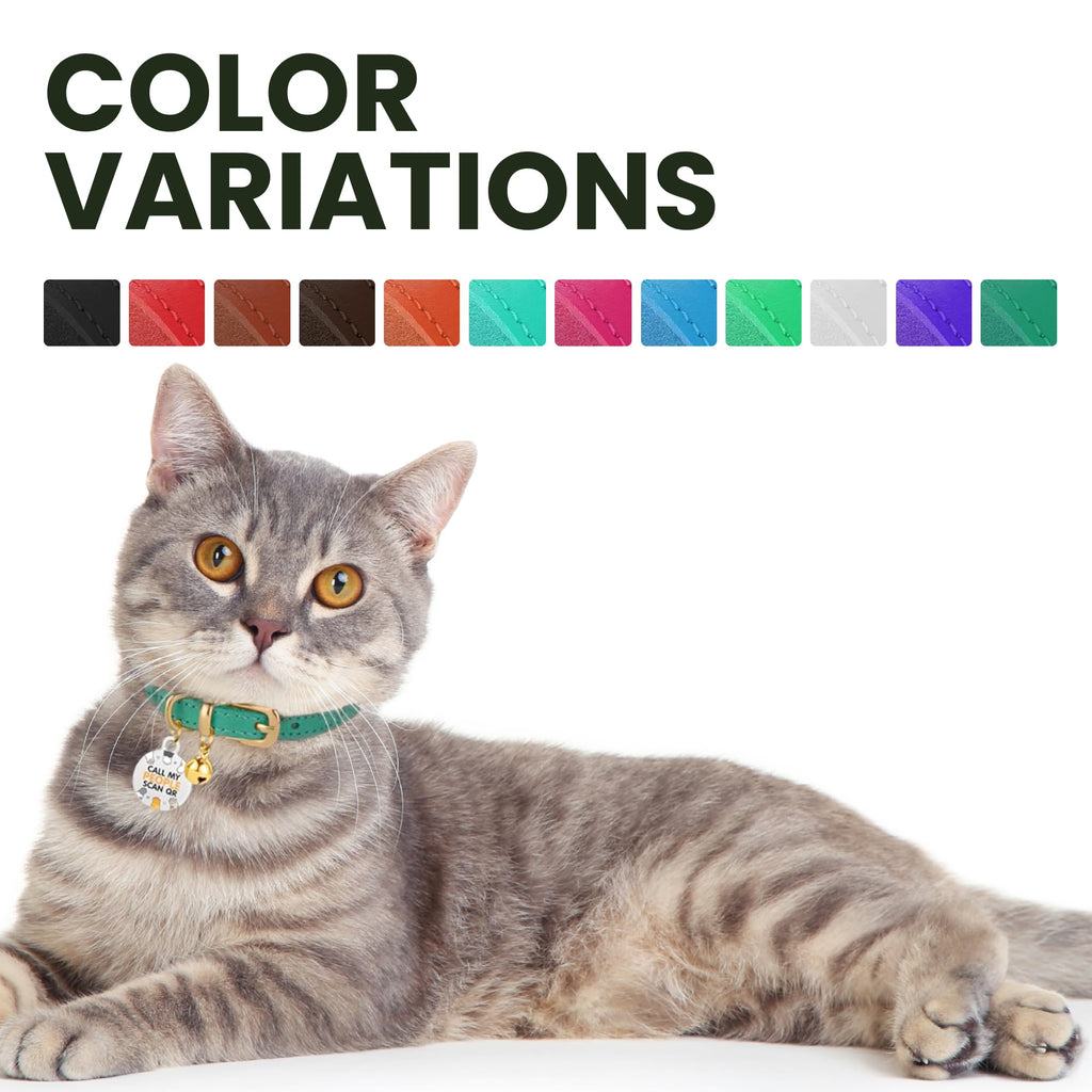 Leather Cat Collar, Removable Bells, QR Tag (7-9", Black & Gold)