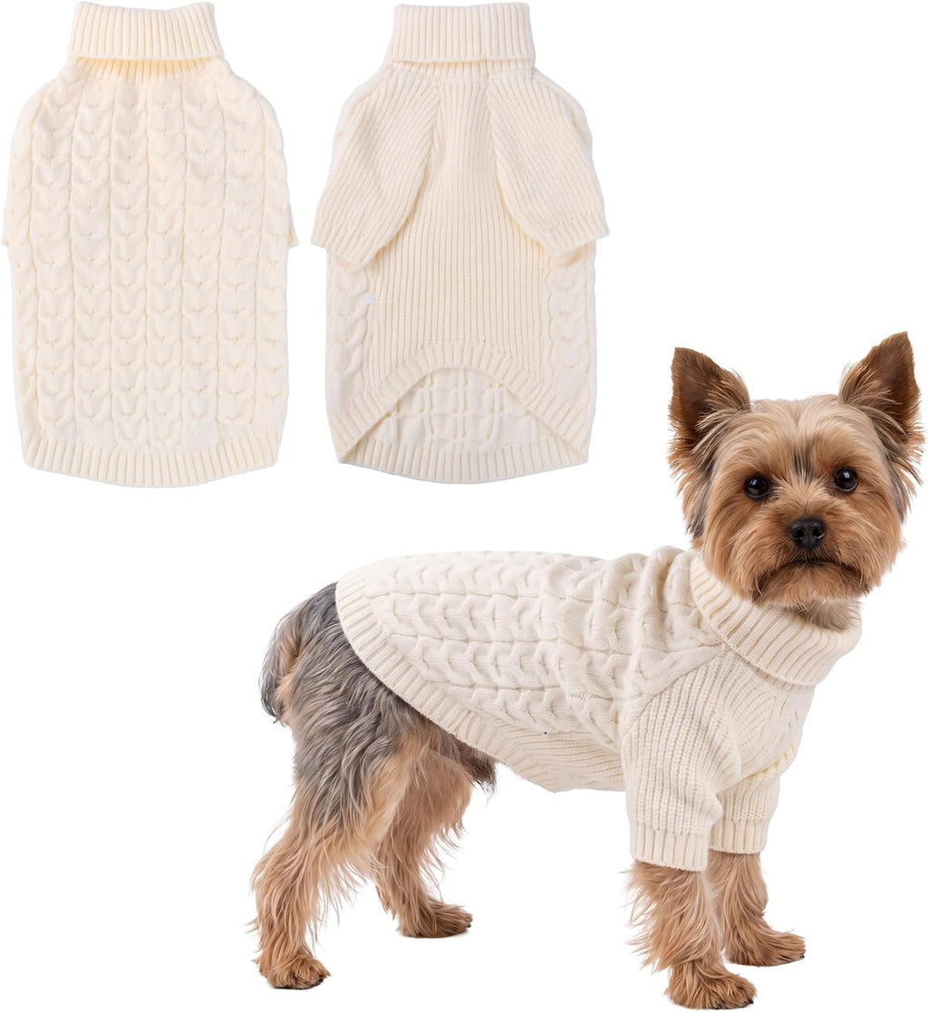 Dog Sweater Turtleneck Cable Knit Pet Sweater for Medium Large Dogs Soft Warm Cream White Dog Winter Clothes with Sleeve