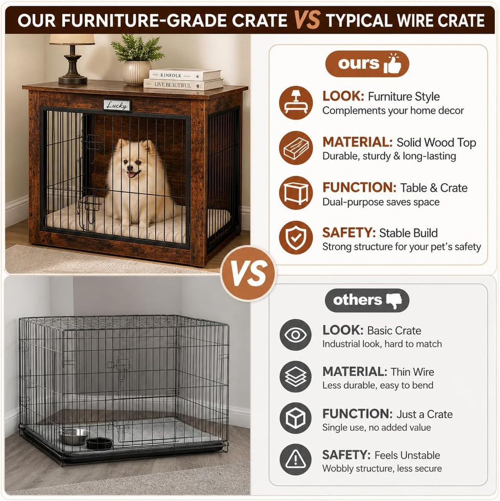 Dog Crate Furniture with Reversible Side Door, 28'' Heavy Duty Wooden Dog Kennel Indoor for Small Medium Dogs, Furniture