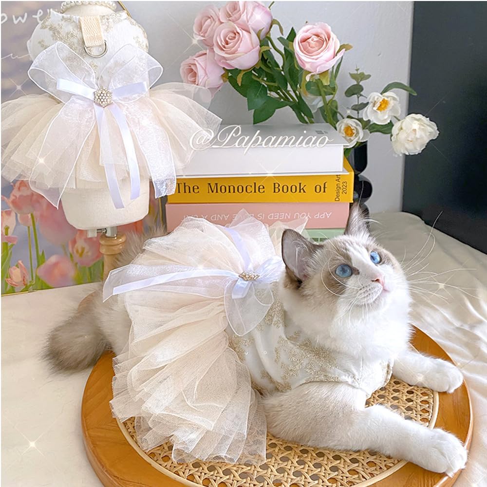 Fancy Dog Dresses with Leash Ring, Embroidered Dog Wedding Dress, Bow Puppy Clothes for Small pet Girl Multi-Layer Lace 