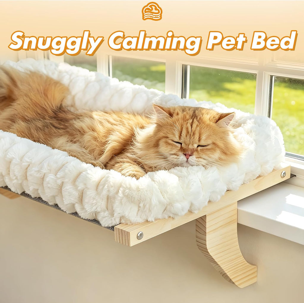 Cloud-soft Wooden Cat Window Sill Perch with Zipper Cushion,L White