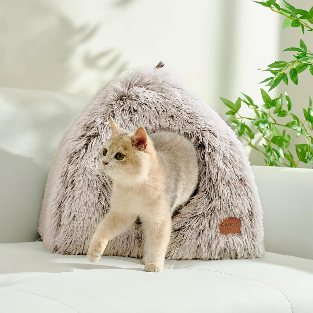 Cat Bed, Cat Cave for Indoor Cats, Soft Cat Dome, Self-Warming 2 in 1 Foldable Pet Cat House with Washable Cushioned Pil