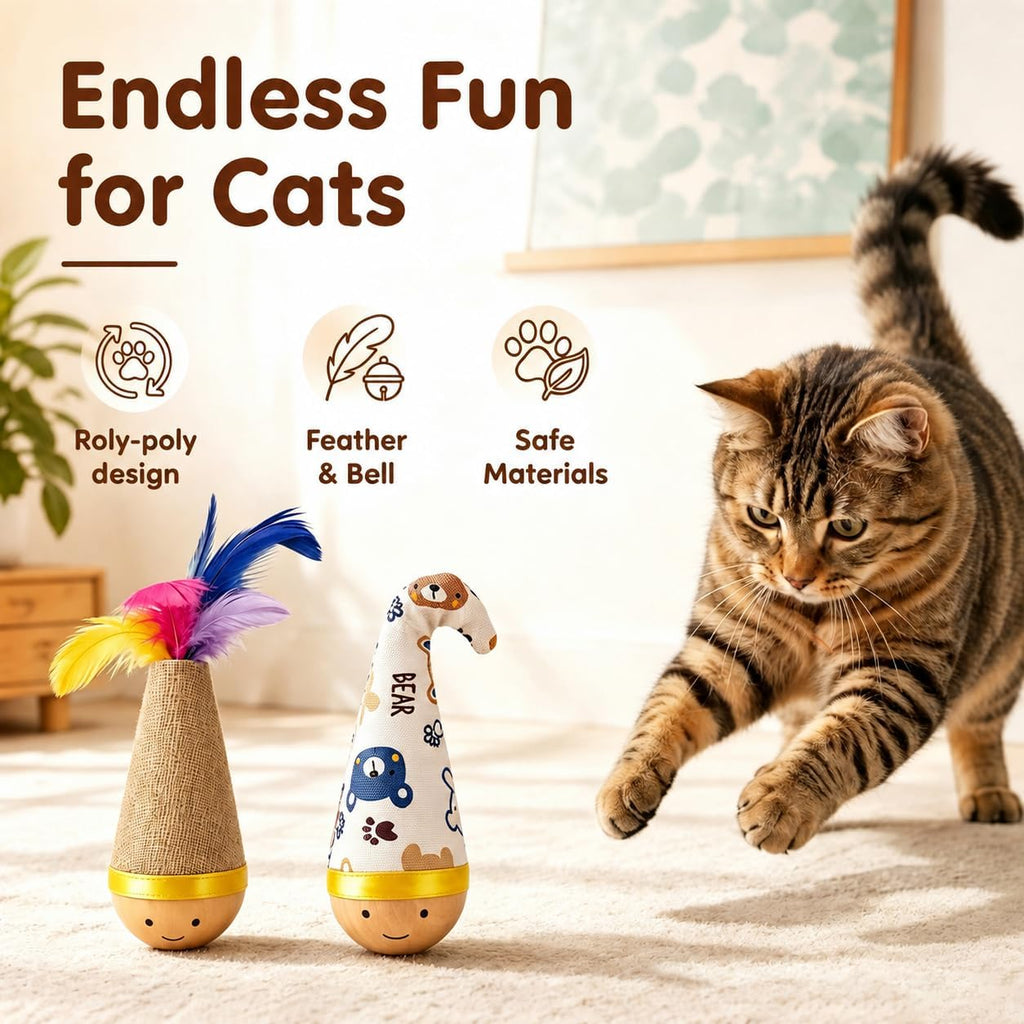 2-Pack Cat Toy with Feather Top, Self-Righting Toy for Cats & Dogs