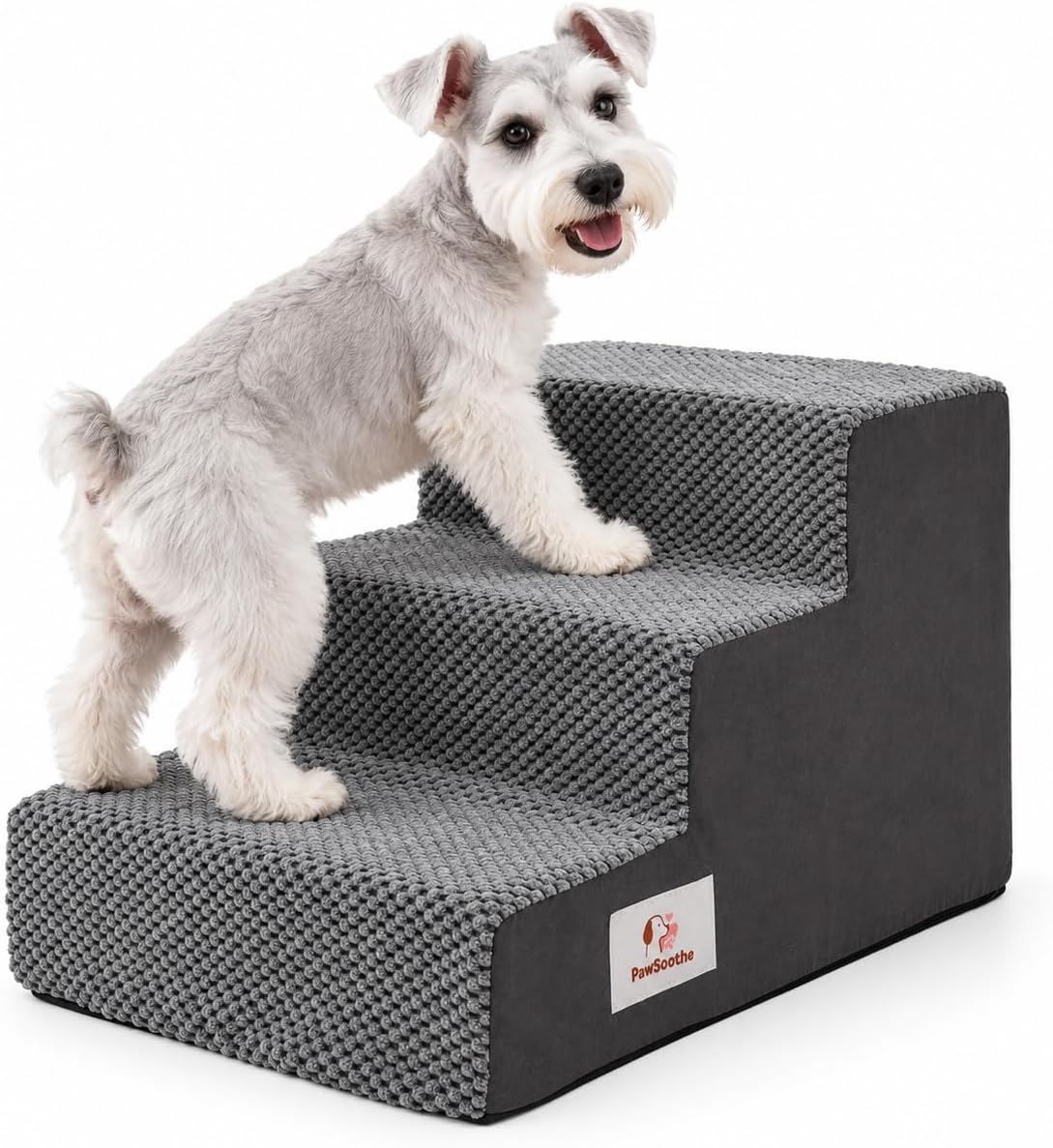 3-Step Dog Stairs, Square Foam Pet Steps for Bed and Couch, Grey