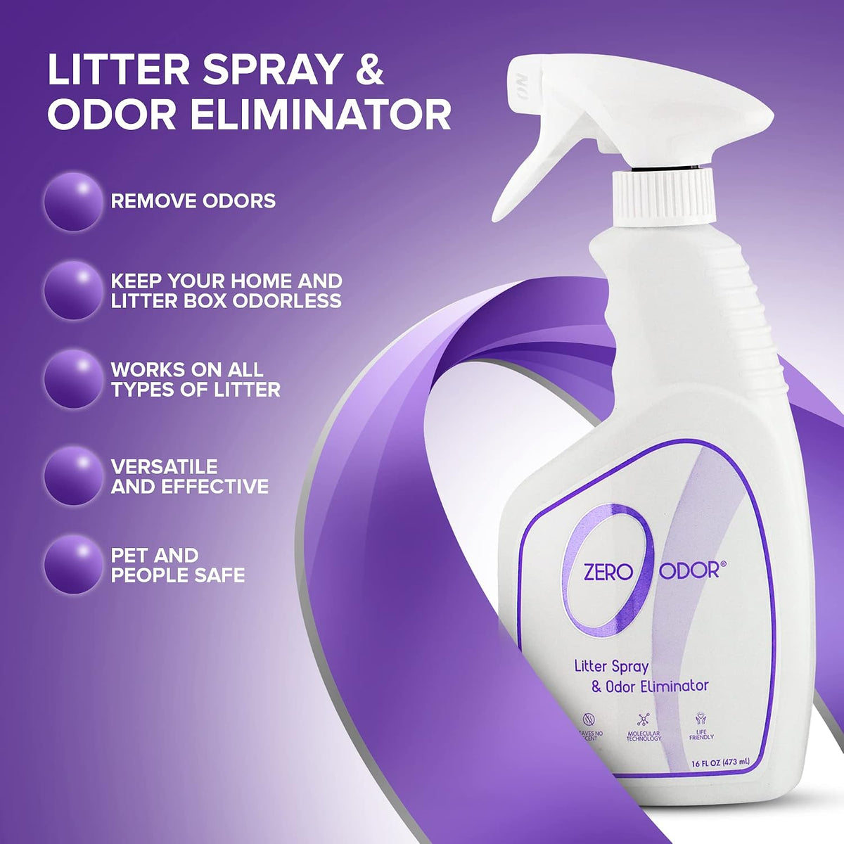 Zero Odor Litter Box Odor Eliminator Spray, Cat Litter Deodorizer, 16 oz