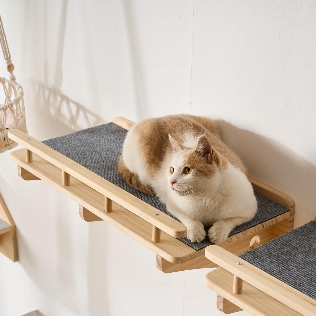 3-Pack Wall Mounted Cat Running Shelves, Parkour Course, Natural Wood