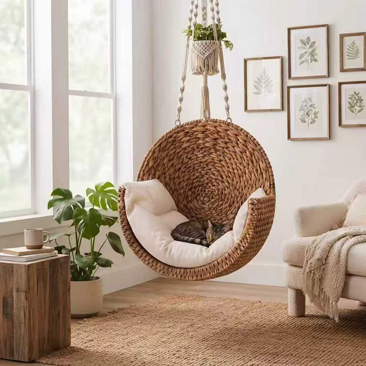 Hanging Cat Bed - Woven Rattan Wall-Mounted Pet Hammock with Soft Cushion