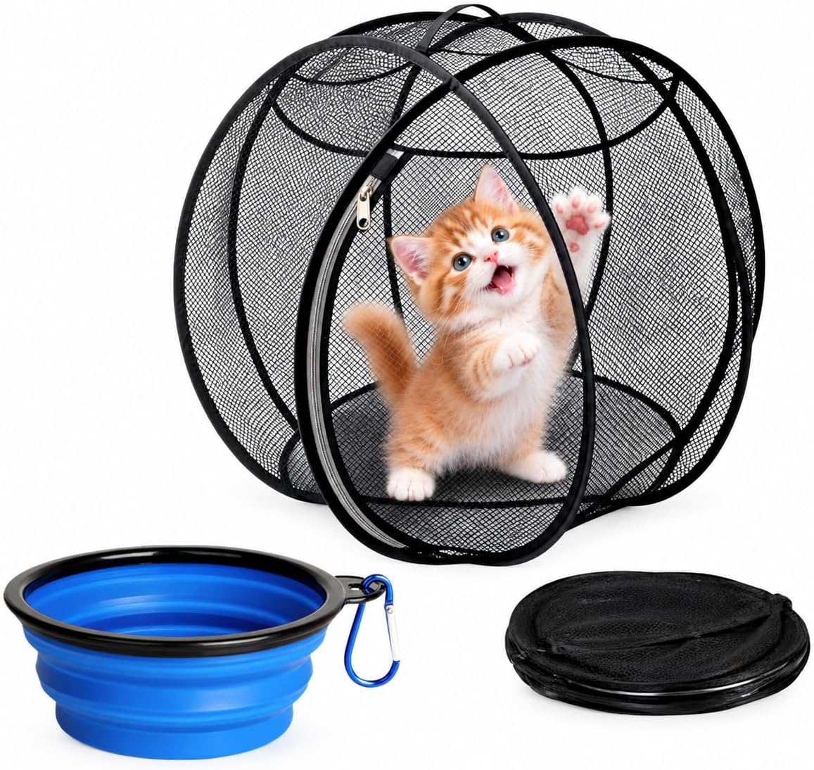 Outdoor Cat Playpen, 27-Inch Pop-Up Mesh Enclosure with Travel Bowl