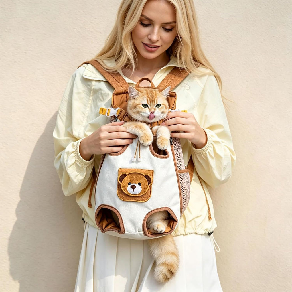 Pet Backpack Carrier, Bear‑Decor Breathable Pet Travel Backpack, Adjustable Hands‑Free Puppy Cat Carrier Bag, Comfort Ou