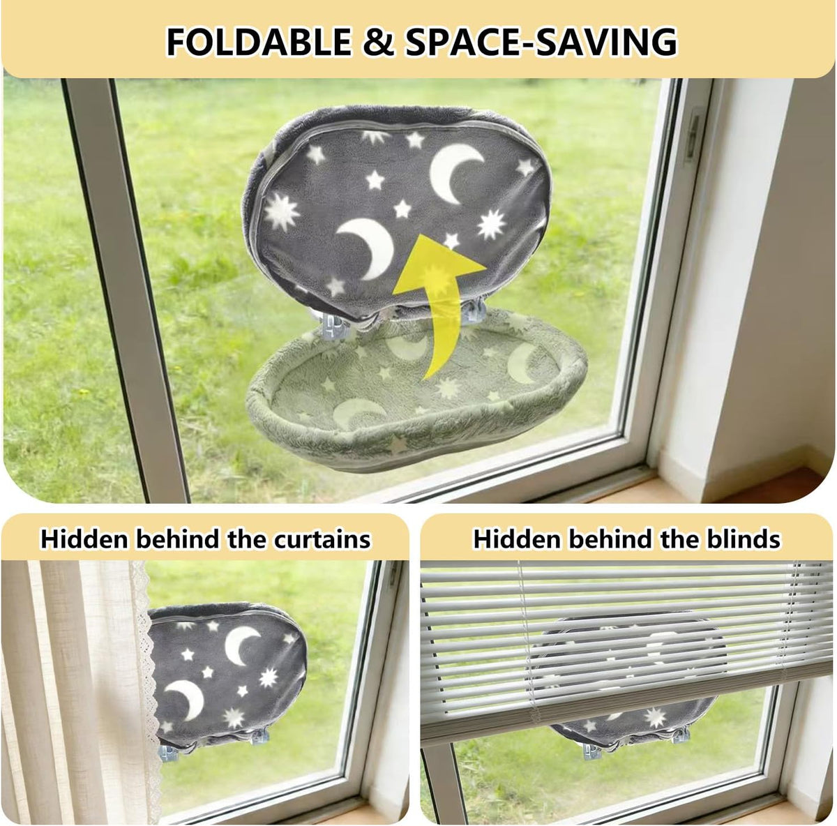 Cat Window Perch Hammock - Glow in the Dark Cordless Foldable Pet Bed with Sturdy Metal Frame & Strong Suction Cups, Sta