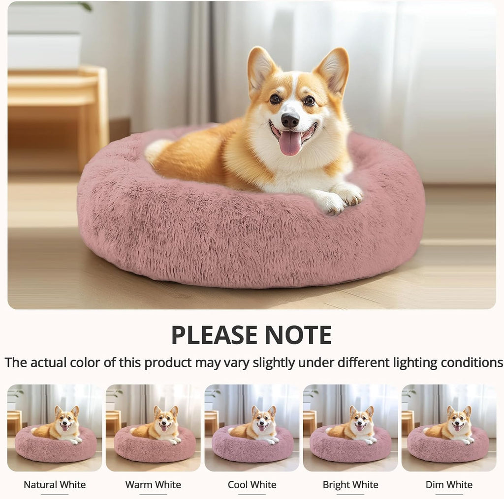 JOLLYVOGUE Calming Dog Bed Medium Size Dog, Anti-Anxiety Donut Medium Pet Bed, 27 inches Fluffy Faux Fur Round Cat Bed (