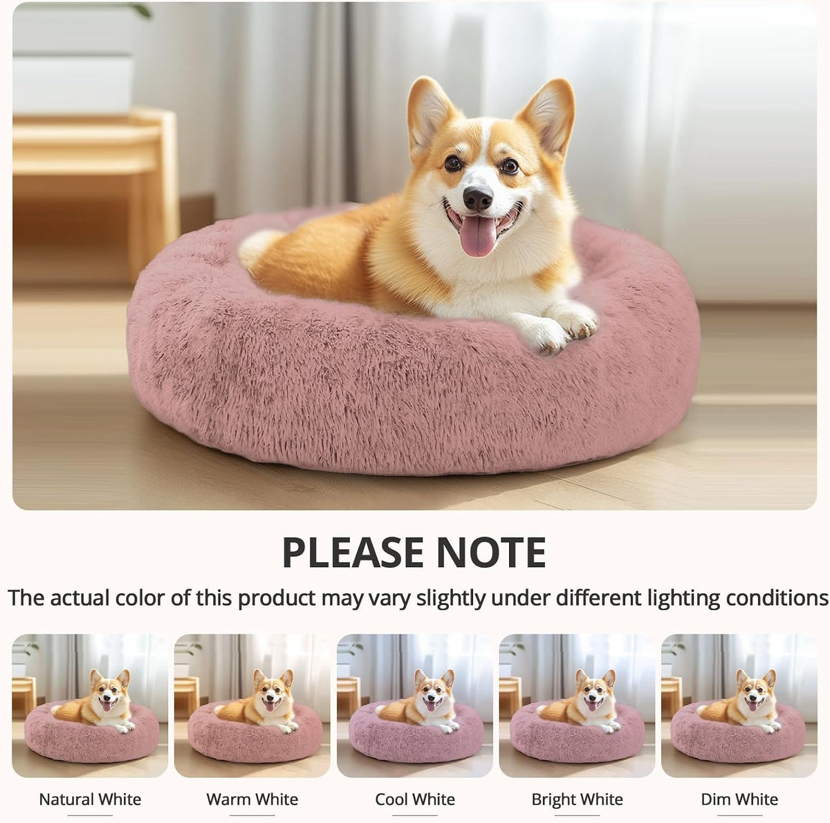 JOLLYVOGUE Calming Dog Bed Medium Size Dog, Anti-Anxiety Donut Medium Pet Bed, 27 inches Fluffy Faux Fur Round Cat Bed (