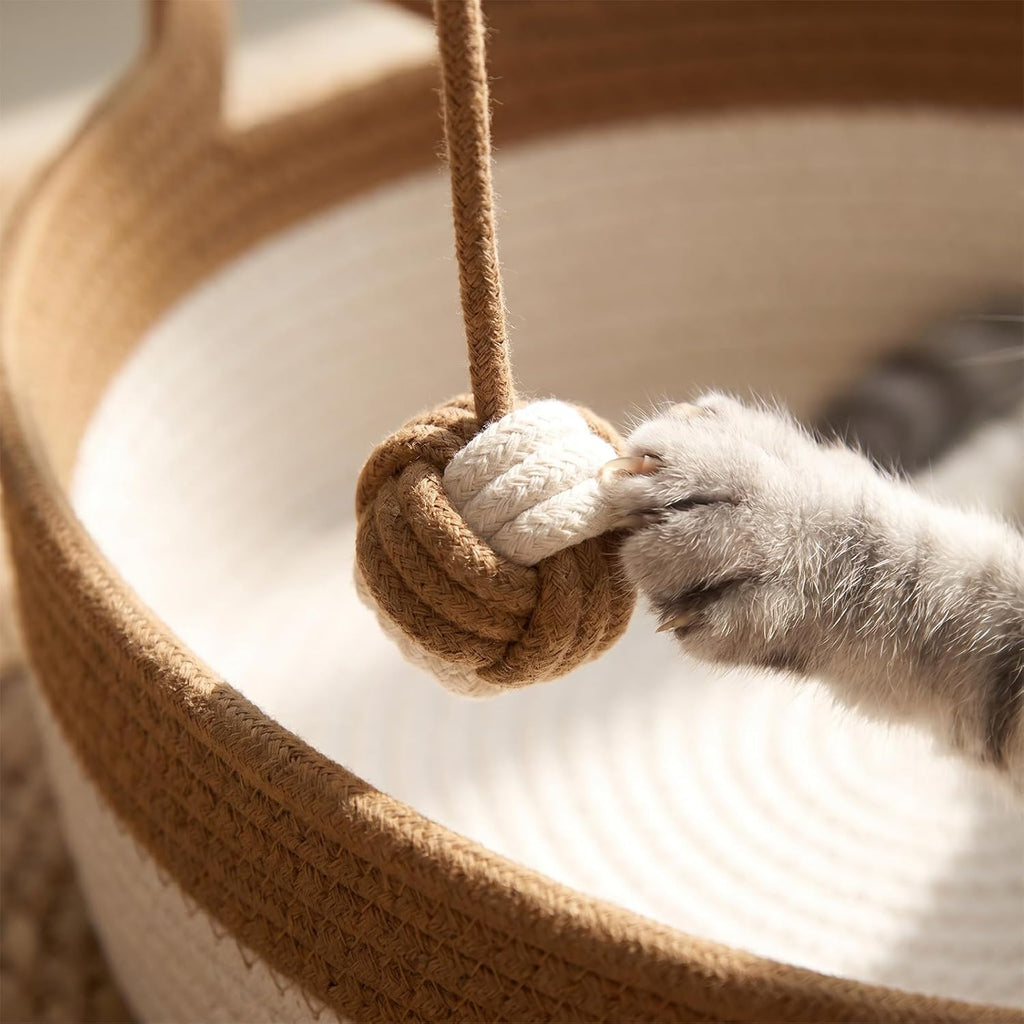 Hand-Woven cat Bed Basket with a Hanging Ball for Better Breathability (Caramel, Large)