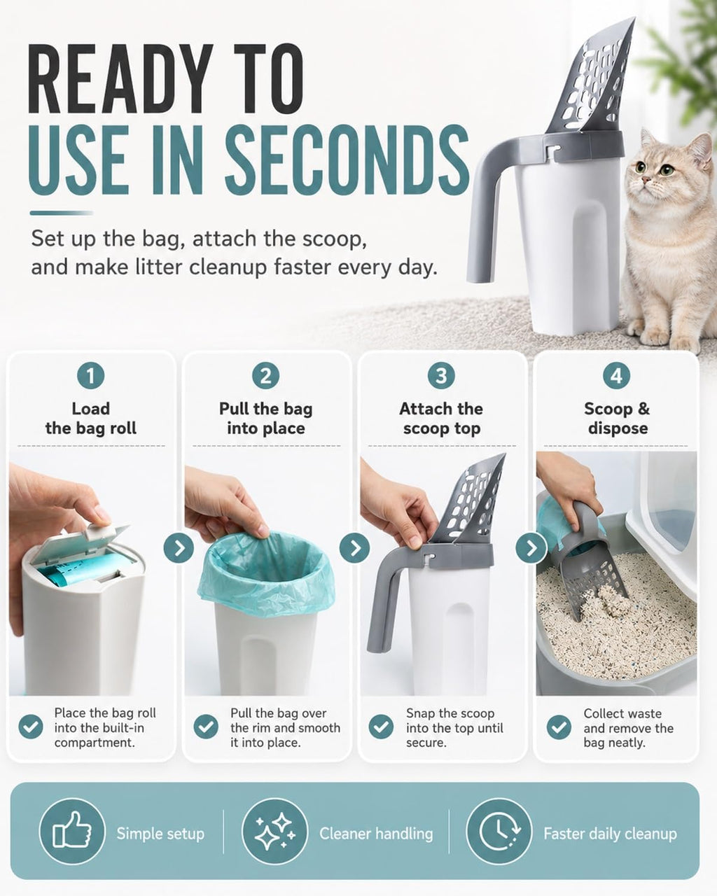 3 in 1 Cleaning Shovel for Cat Litter Kitty Scoop with Holder Bag Attached