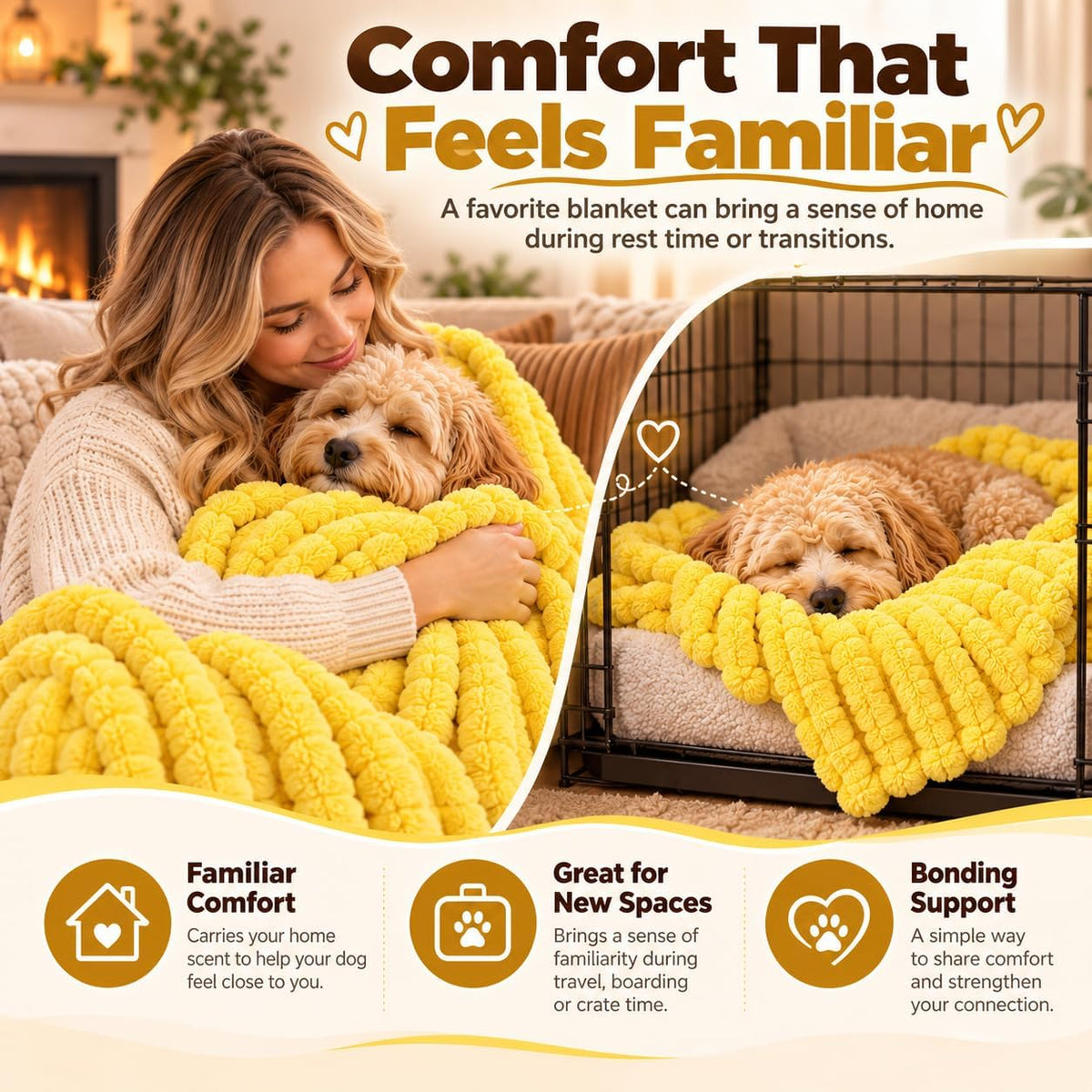 Emotional Support Dog Blanket, Yellow Soft Blanket for Crates Beds Travel (S)