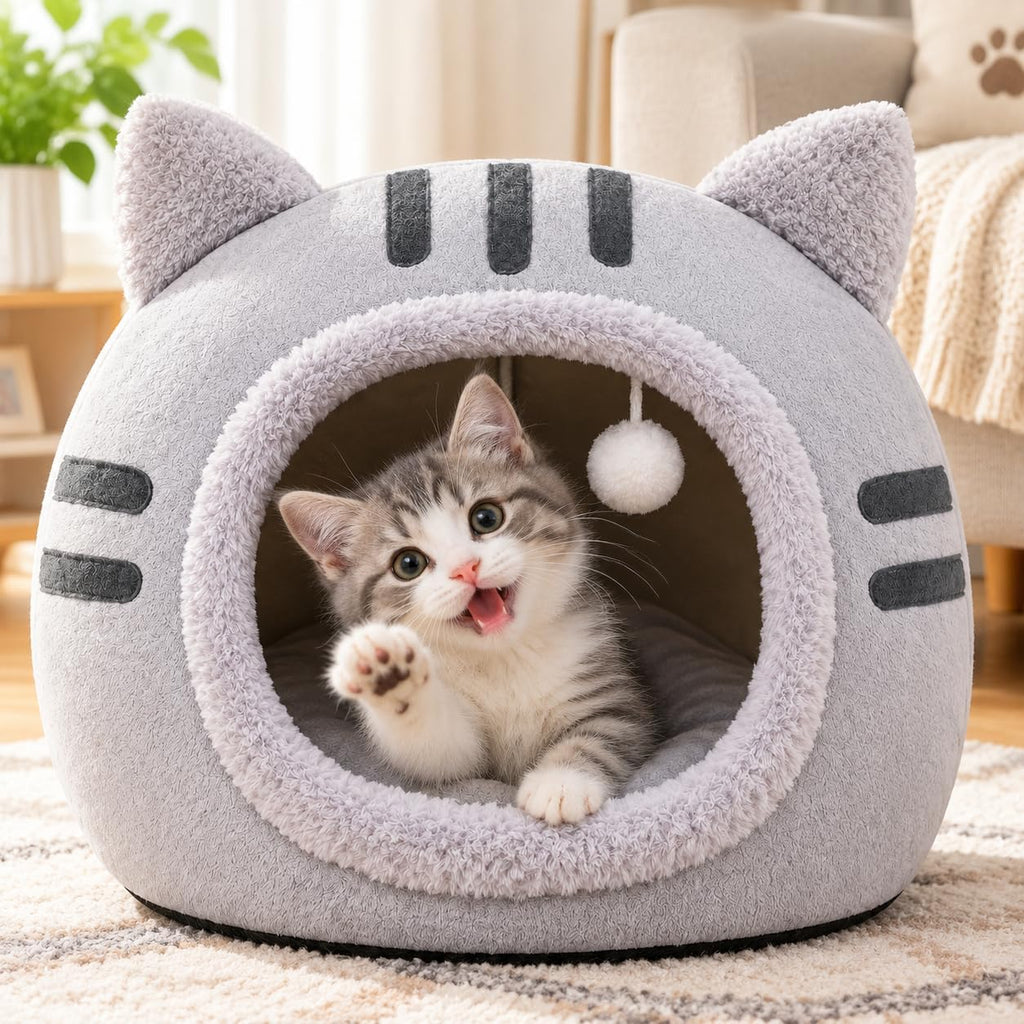 Cat Bed Cave Enclosed Cat Beds for Indoor Cats, Washable Covered Hideaway (Light Pink, L)