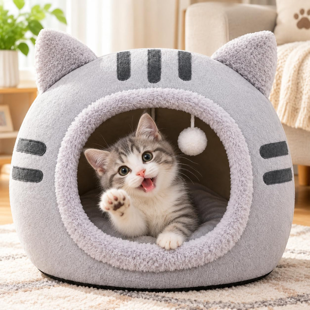 Cat Bed Cave Enclosed Cat Beds for Indoor Cats, Washable Covered Hideaway (Light Pink, L)