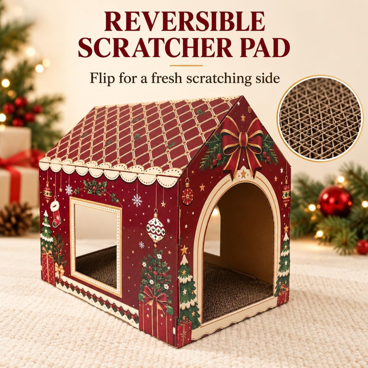 Christmas Cardboard Cat House: 2 Entrances, 2 Windows, Reversible Scratcher