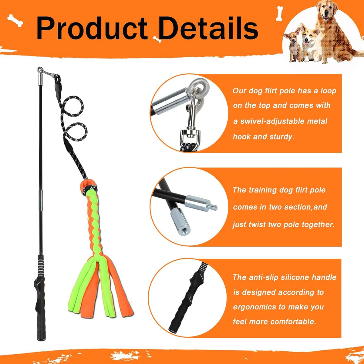 Flirt Pole for Dogs, Interactive Dog Toys Teaser Wand Play Pole with Fleece Rope Lure Chewing Toy for Small Medium Large