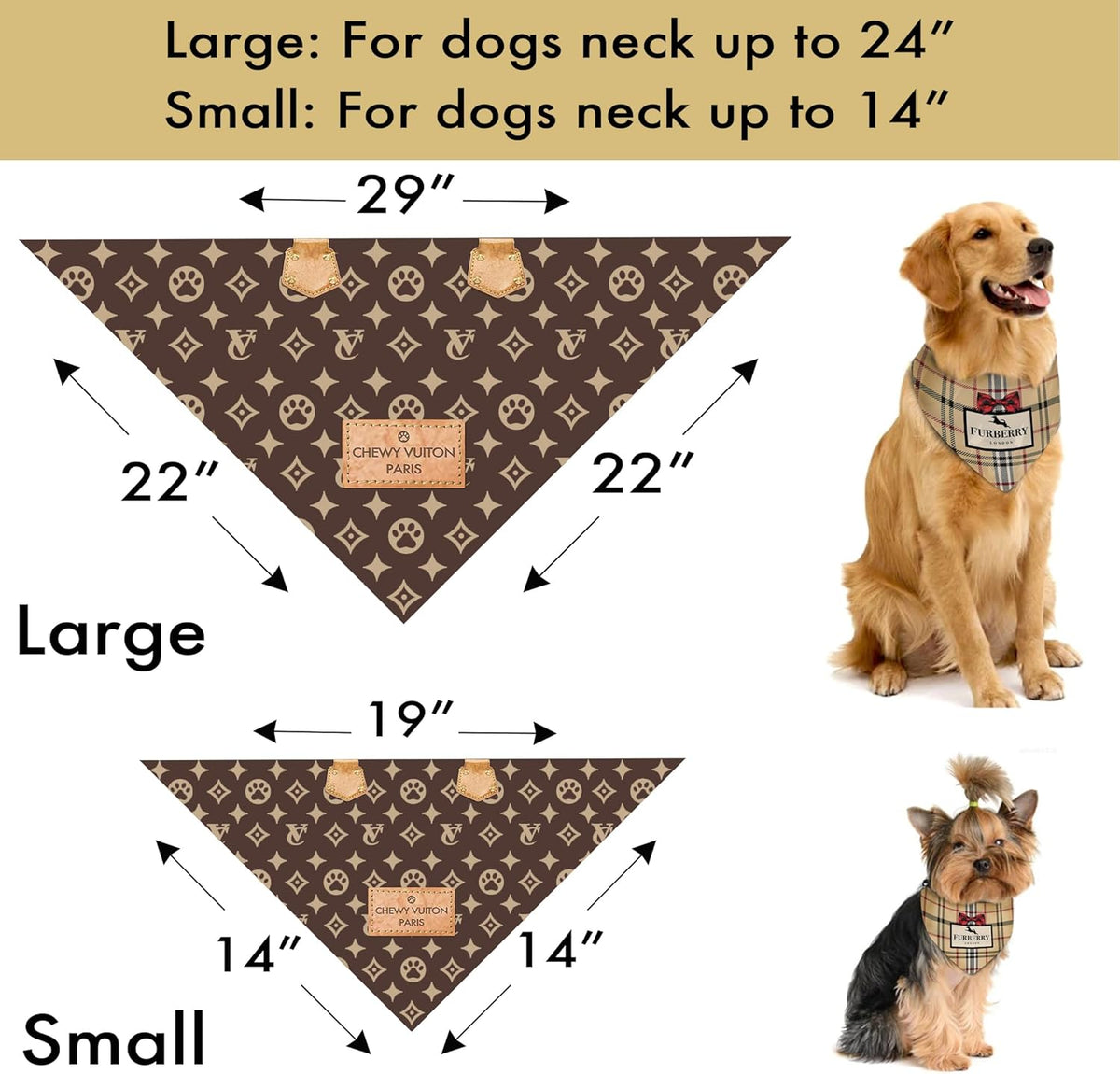 Chewy Vuiton Dog Bandana Designer Fashion Scarf Kerchief for Small Medium and Large Dogs, Funny Parody Gift for Girl or 