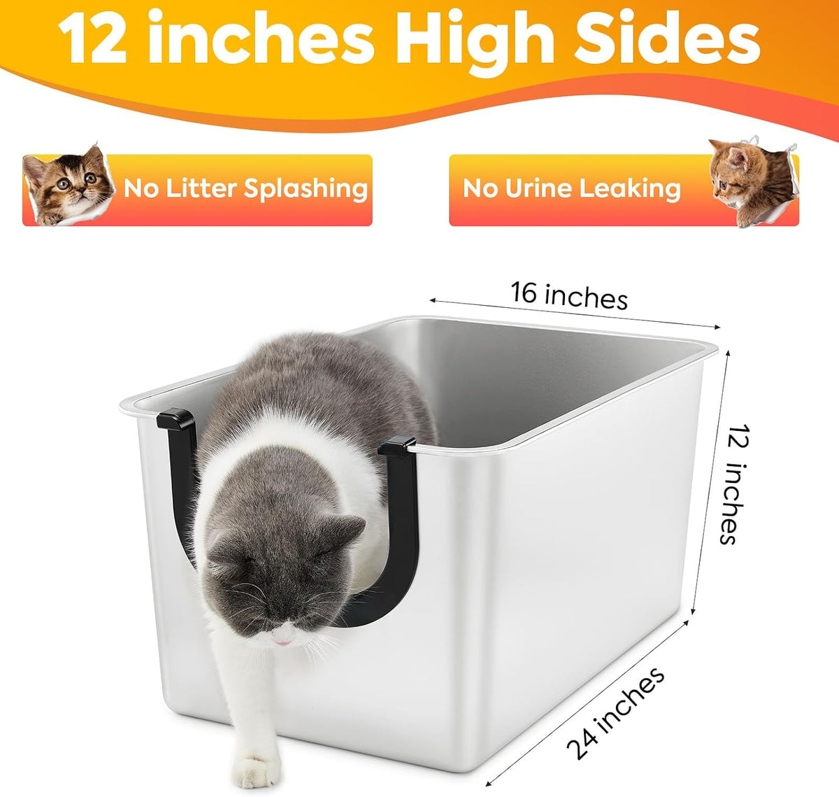 Yangbaga Extra Large Stainless Steel Cat Litter Box with High Sides