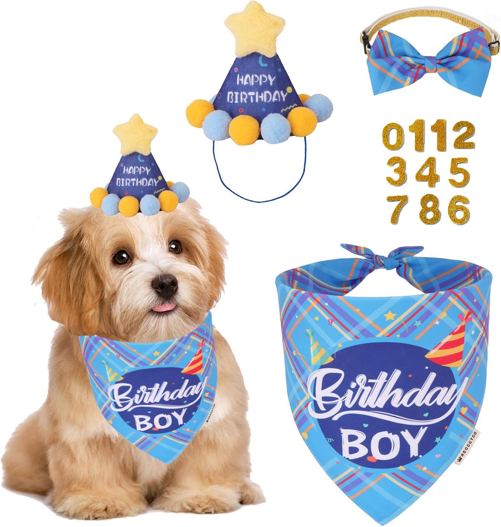 Dog Birthday Hat Bandana Set, Blue Plaid Boy Dog Bandana, X-Large