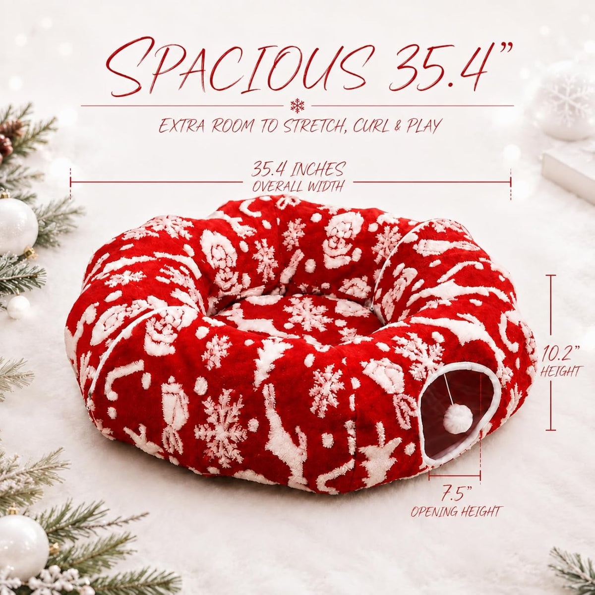 35.4" Christmas Cat Tunnel Bed, Plush Cat Cave & Tree Skirt