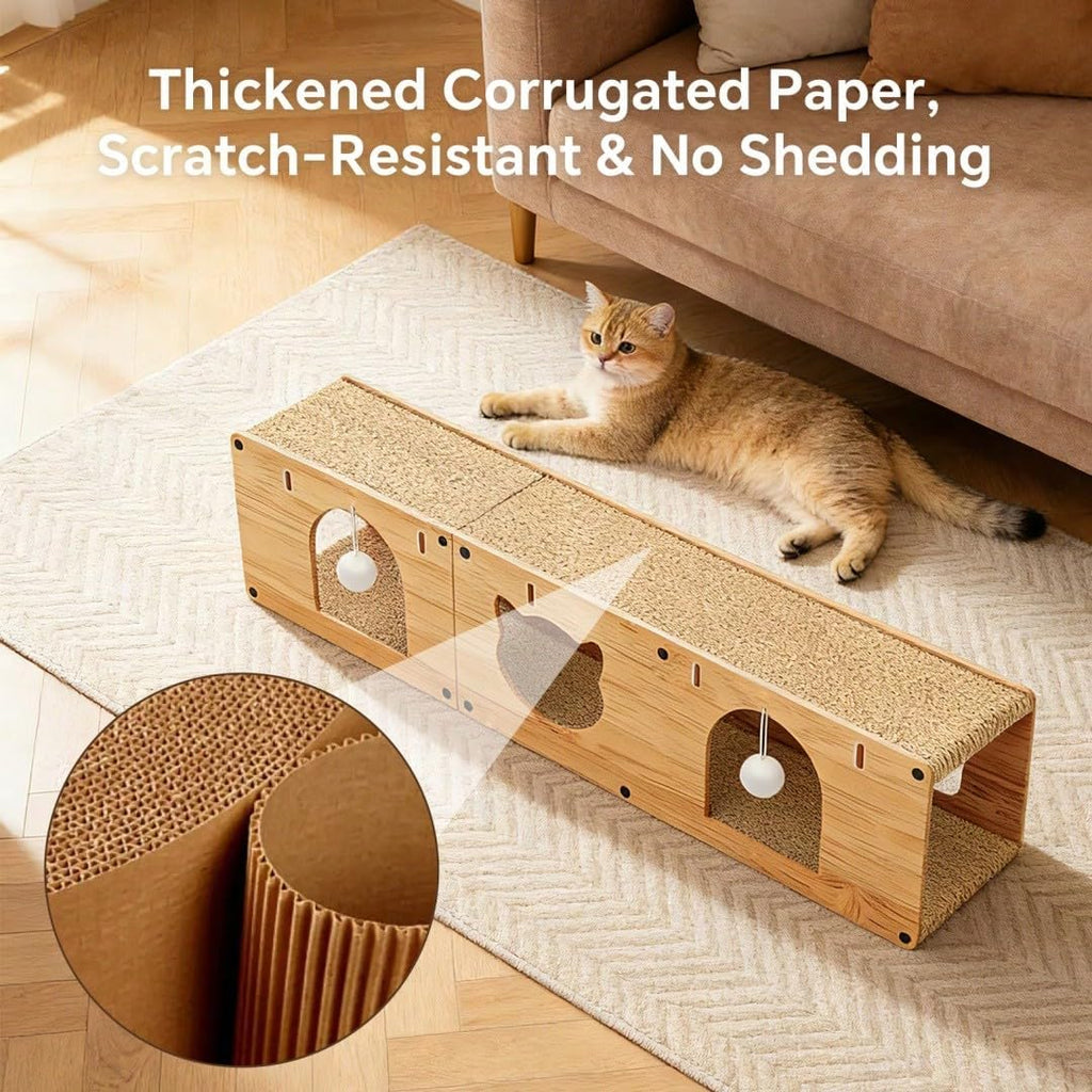 Cat Scratcher Bed, Wooden Extra Long 100cm Tunnel Hideout with Play