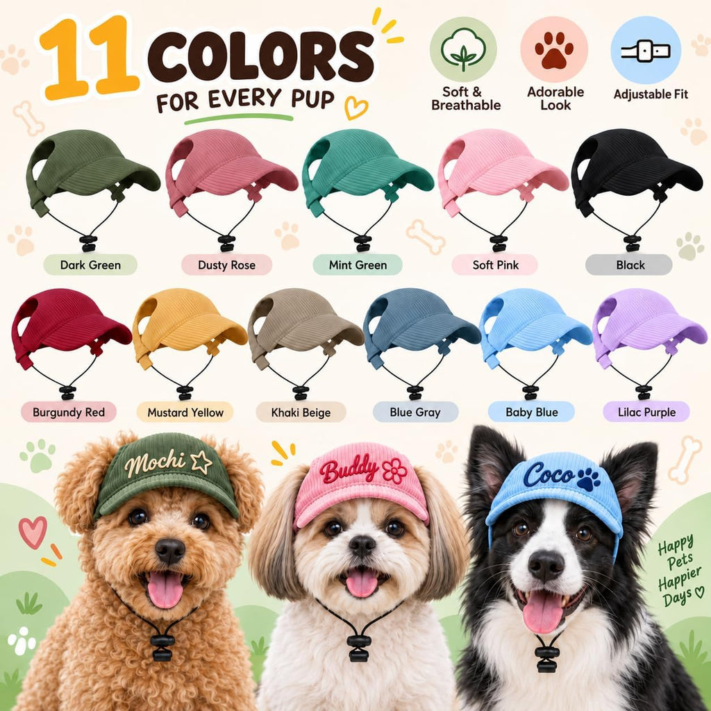 Personalized Dog & Cat Hat, Custom Embroidered Corduroy Cap with Ear Holes