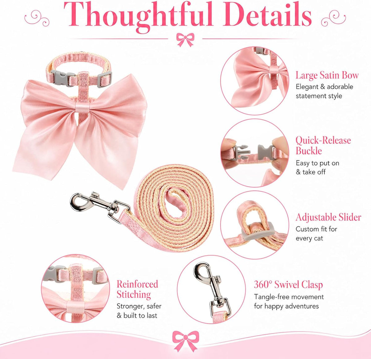Pink Bow Cat Harness and Leash Set, Escape Proof Kitten Vest