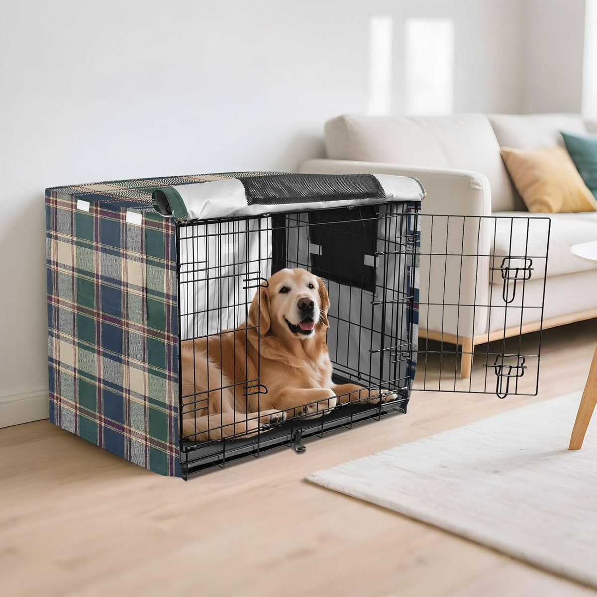 Dark Green Plaid Dog Crate Cover 42" L x 28" W x 30" H, Waterproof Windproof Light Blocking Pet Cage Cover with Roll Up 