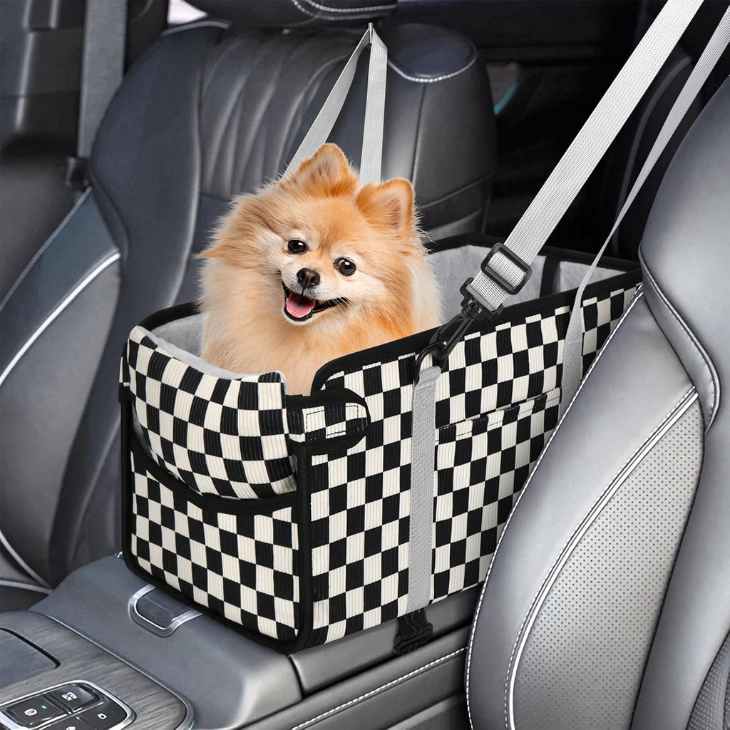Console Dog Car Seat for Small Dogs, Foldable Booster Seat, Pink Checkered