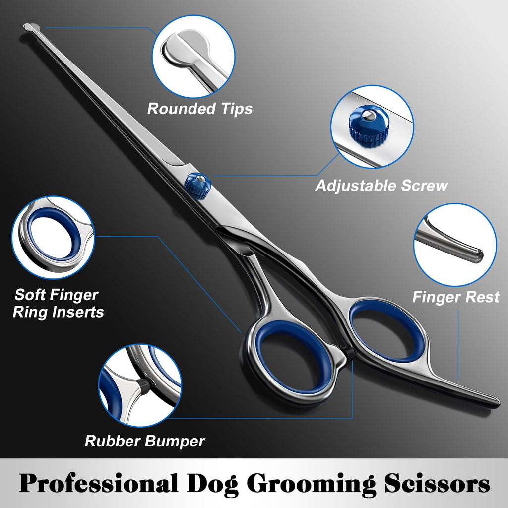 Professional 4 in 1 Dog & Cat Grooming Scissors Kit with Safety Round Tips,Sharp & Durable,Dog Shears for Grooming - Includes Straight, Curved, Thinning Scissors and Comb - Premium Pet Supplies