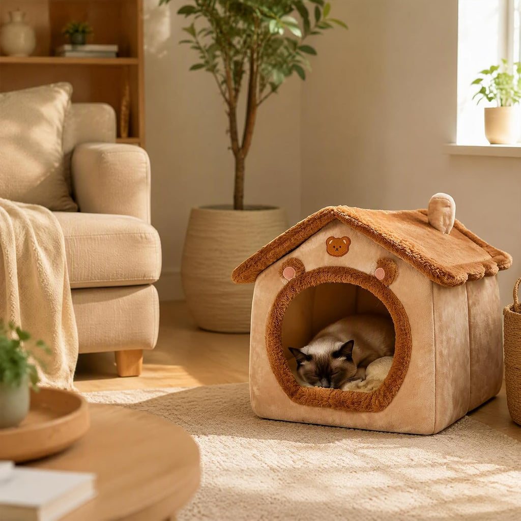 Cute Bear‑Shape Enclosed Pet Cave Bed, Soft Plush Tent House with Cushion