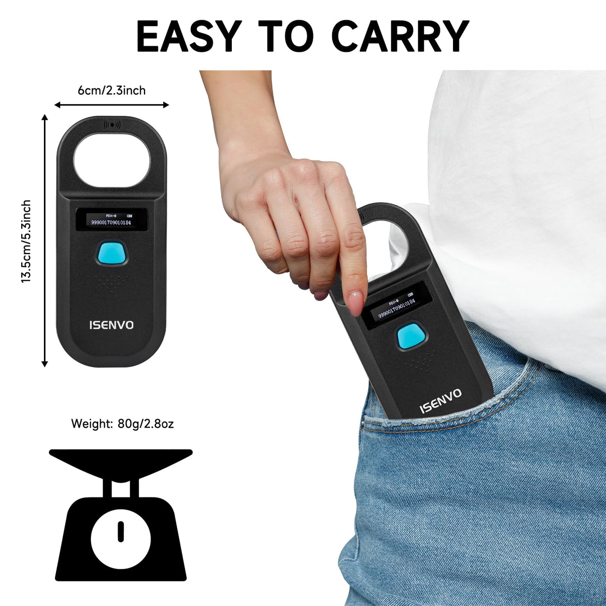 ISENVO Pet Microchip Scanner, 15 Digit Pet Chip Scanner, Rechargeable(190A)