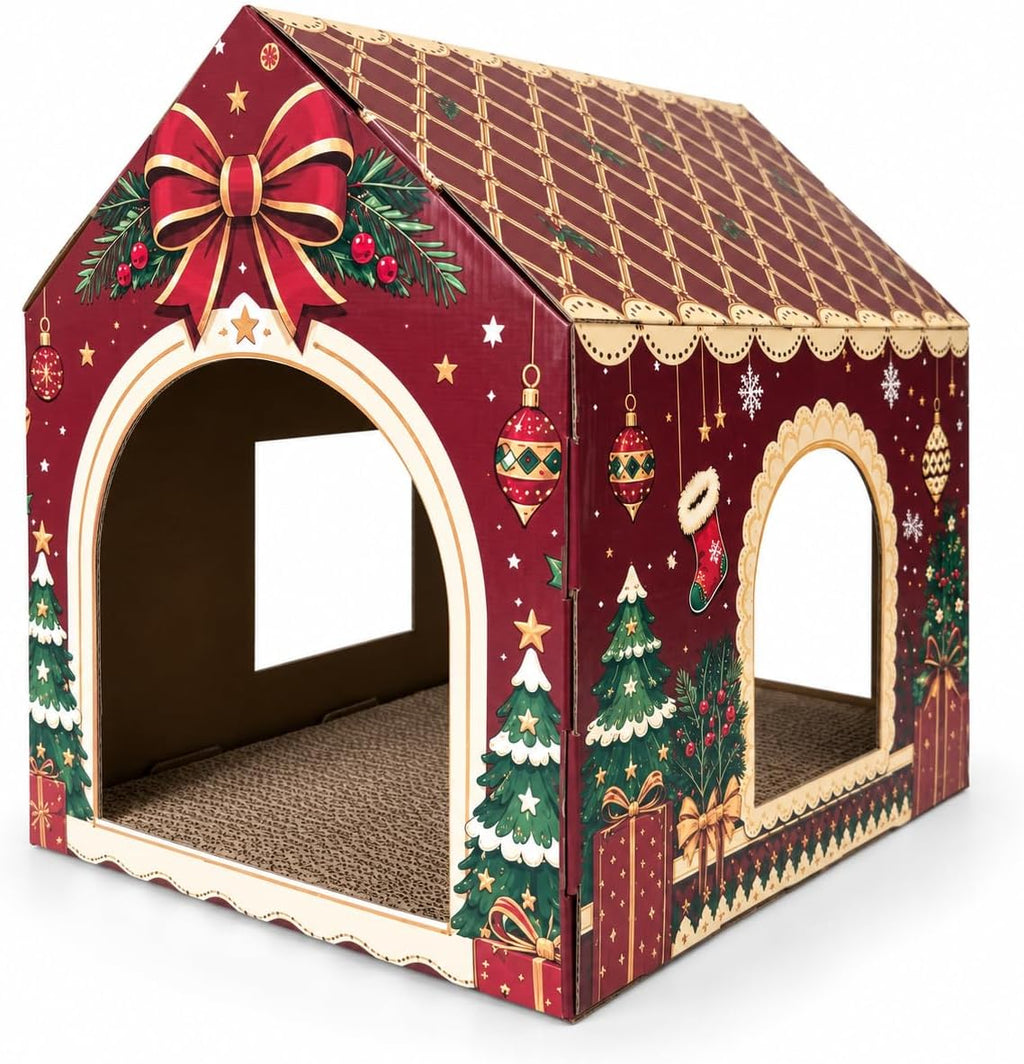 Christmas Cardboard Cat House: 2 Entrances, 2 Windows, Reversible Scratcher
