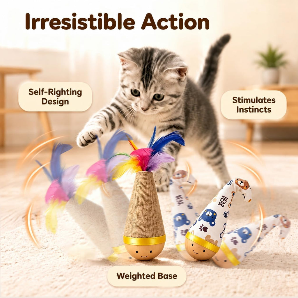 2-Pack Cat Toy with Feather Top, Self-Righting Toy for Cats & Dogs