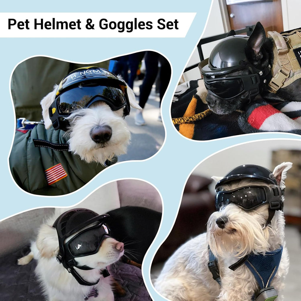 Dog Helmet and Goggles for Small Dogs - Pet Goggles Pet Motorcycle Helmet Hat with Ear Holes Adjustable Straps Safety He