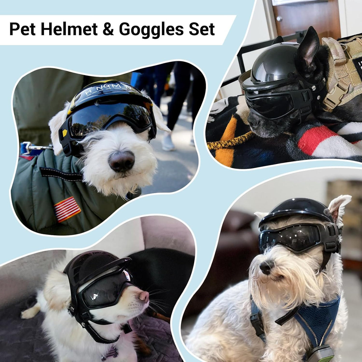 Dog Helmet and Goggles for Small Dogs - Pet Goggles Pet Motorcycle Helmet Hat with Ear Holes Adjustable Straps Safety He