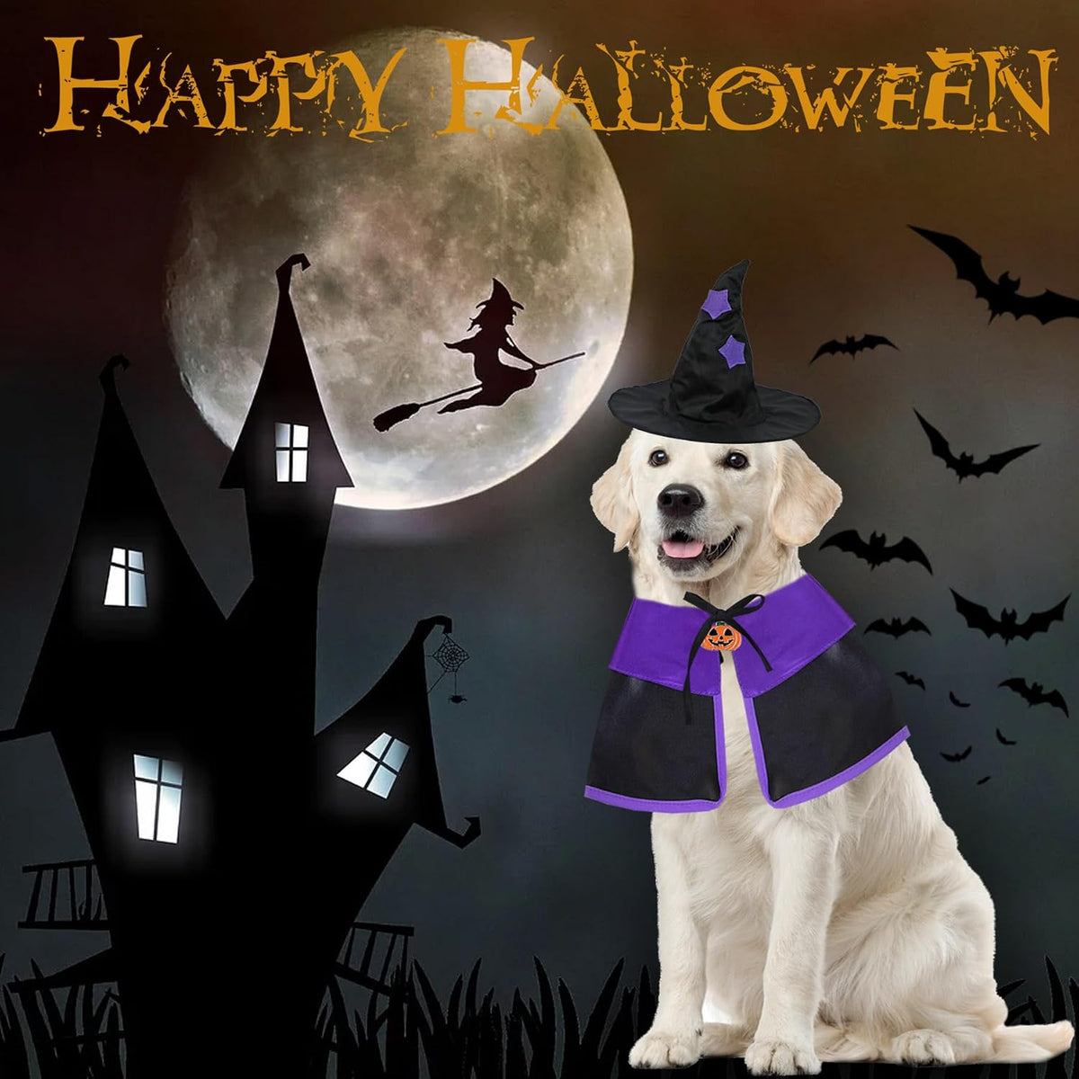 GOYOSWA Dog Halloween Costumes, Dog Witch Costume Halloween Dog Witch Cloak Cape Wizard Hat Halloween Costumes for Small