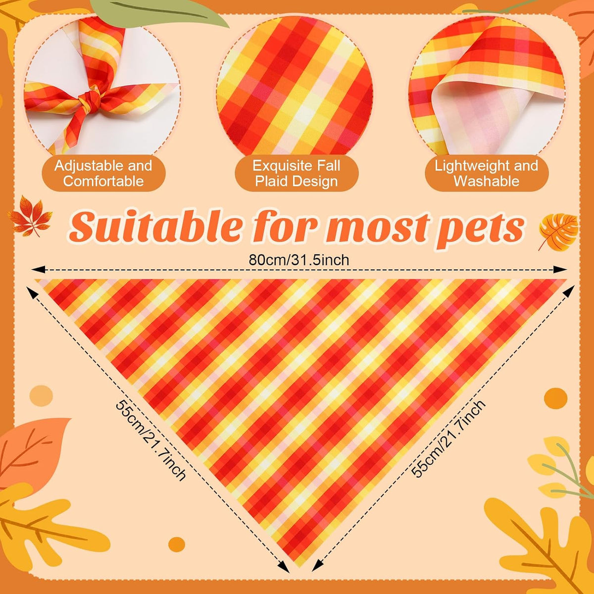 Weewooday 50 Pcs Fall Thanksgiving Plaid Dog Bandanas Bulk for Large