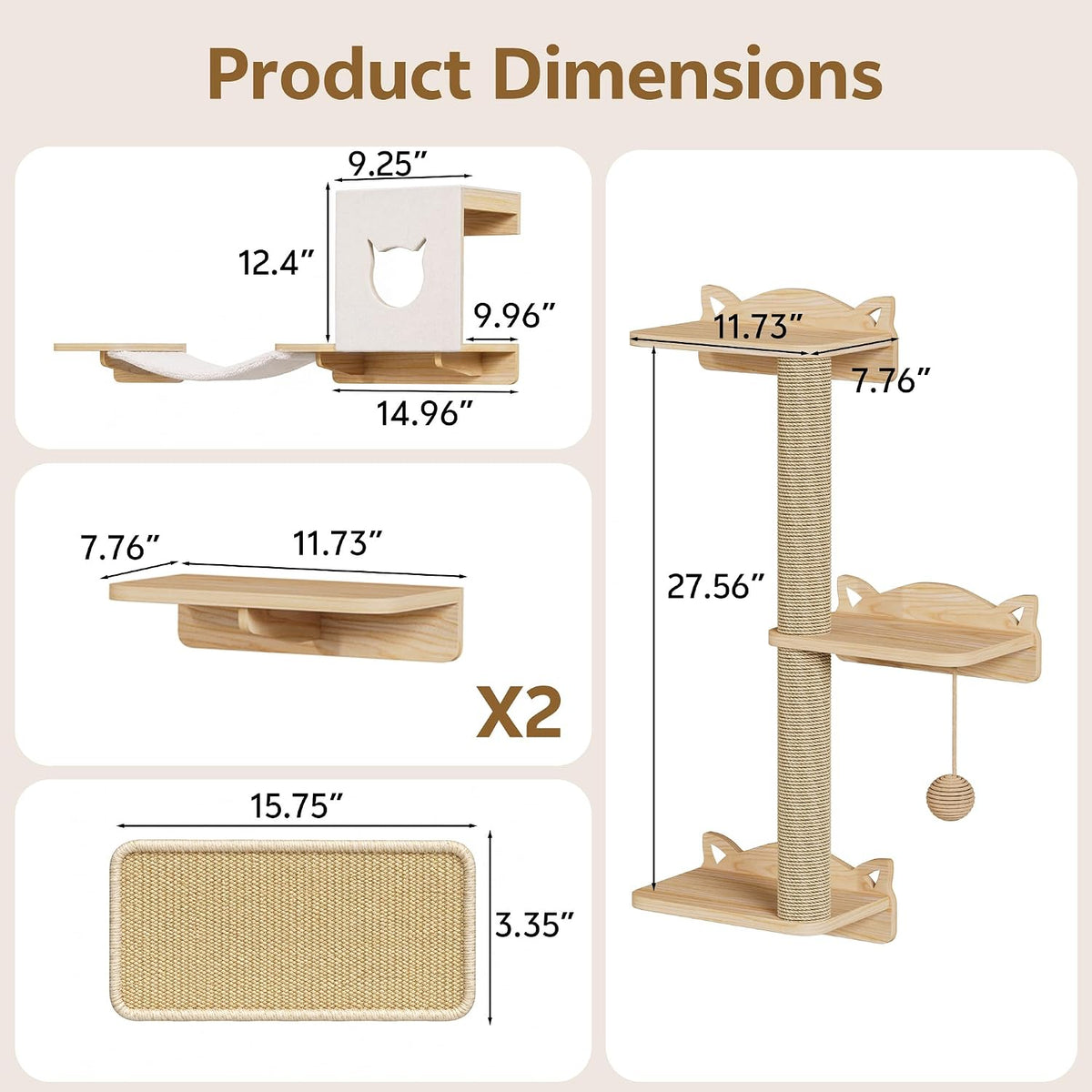 Wood Cat Wall Shelves, 11-in-1 Set, Wall Mounted Cat Shelf, Beige