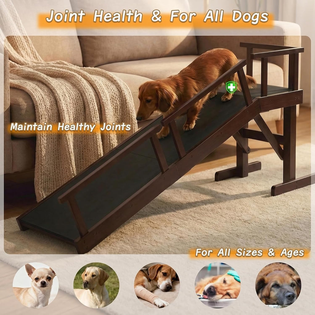 61" Dog Ramp for Bed&Couch, Non-Slip Platform with Removable Rails Walnut