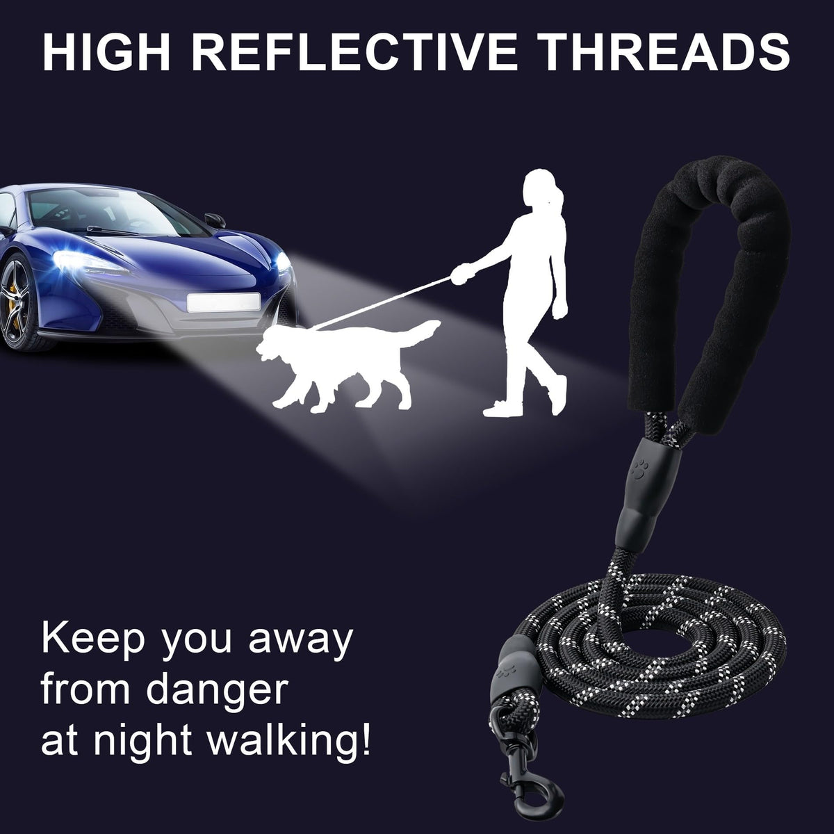 2 Pack Dog Leash, Heavy Duty Nylon Rope Pet Leashes (5FT-1/2,Black/Black)
