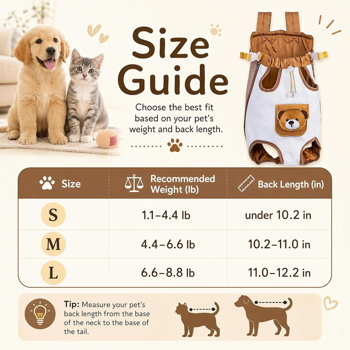 Cat Front Carrier Backpack, Hands-Free Pet Chest Carrier for Small Dog (S)