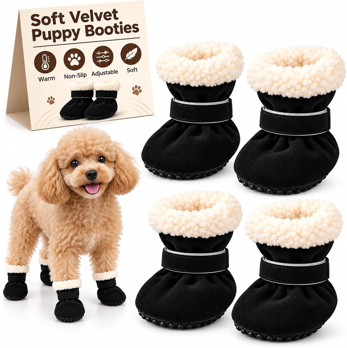 Soft Velvet Puppy Booties Warm Non-Slip Paw Covers for Small Dogs(Black,M)