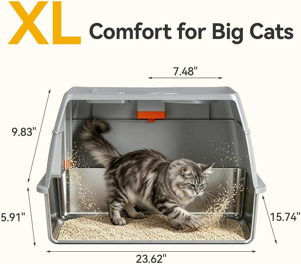 XL Enclosed Stainless Steel Litter Box with Lid, Light Gray